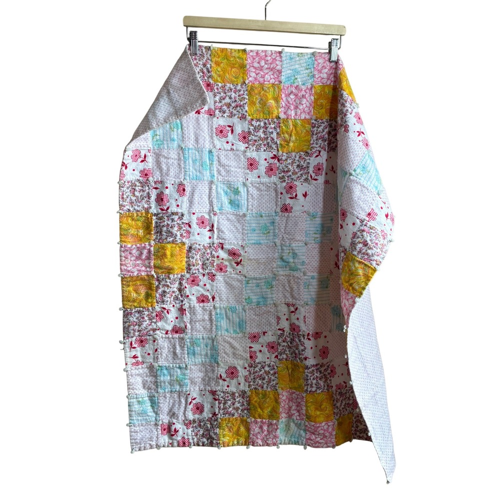 Handmade Patchwork Baby Quilt 36x32 Multi-Color Floral Hand Tied Nursery Blanket